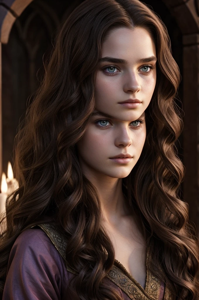 una princesa medieval, 19 years old with deep violet eyes, wavy brown hair, rostro Redondo y expresivo, follando con Aegon Targaryen