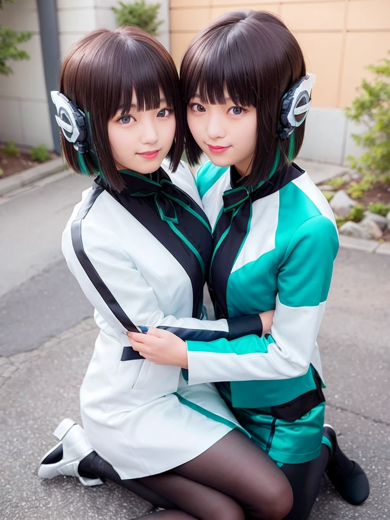 two beautiful young women hugging each other in a studio shot stock photo, two girls, two beautiful women in love, woman holding another woman, beautiful gemini twins portrait, lesbian embrace, cute girls, lesbians, two women, two models in the frame, portrait of women embracing, beautiful gemini twins, young girls, 2girl, twin, hug each other, two same girl, selfcest, twins, izu, izu_uniform, humagear, humagear_headset, headphone, realistic, skirt, jacket, solo, sitting, best quality, photorealistic, masterpiece, 8k, high res, solo, (((woman))), (very breast), ((looking at the viewer with face)), (looking at the camera:1), (short hair), bob hair, (professional lighting, bokeh),top angle view, extremely detailed face, fashionable and trendy atmosphere, japan, street, tokyo, factory, ((daytime)), (portrait:0.6), seductive and smile, gorgeous, floating hair, (light particles, lens flare, glowing particles:0.6), (dynamic pose:1.2), soft lighting, black hair, full body, smile, camera, blue eye, pantyhose, black nail