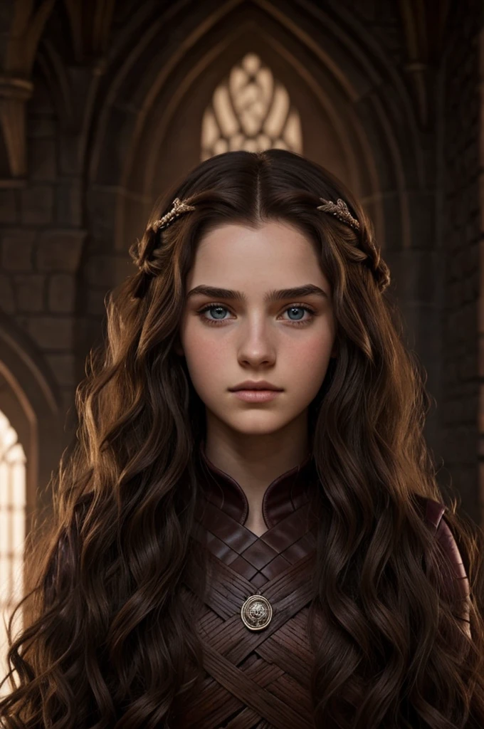 una princesa medieval, 19 years old with deep violet eyes, wavy brown hair, rostro Redondo y expresivo, follando con Aegon Targaryen