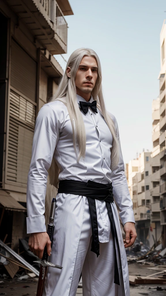 tall man, Long white hair, silver eyes, athletic body, formal american uniform, carrying a sword on his waist, holding a mask in his hand and placing it in front of half of his face, background of a war zone, Anime style, manhwa style, fan art, fine details, 2D, 36K, 