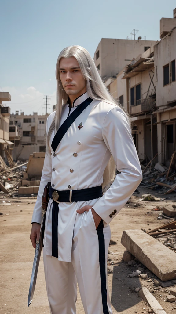 tall man, Long white hair, silver eyes, athletic body, formal american uniform, carrying a sword on his waist, holding a mask in his hand and placing it in front of half of his face, background of a war zone, Anime style, manhwa style, fan art, fine details, 2D, 36K,