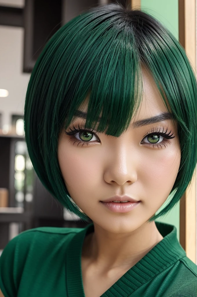 anime version girl, short green asian style hair, ojos cafes, piel morena, con lunar en el cachete y versita de una forma elegante