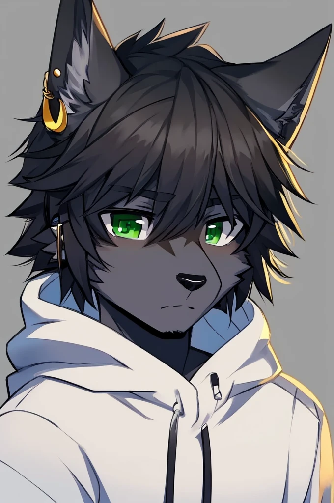 Wolf、Handsome、Messy Hair、Wearing a white hoodie、A tired face、Simple Background、Black Hair、Black Ear、Green Eyes、The whole body is visible、Looking this way、Earrings、Front view