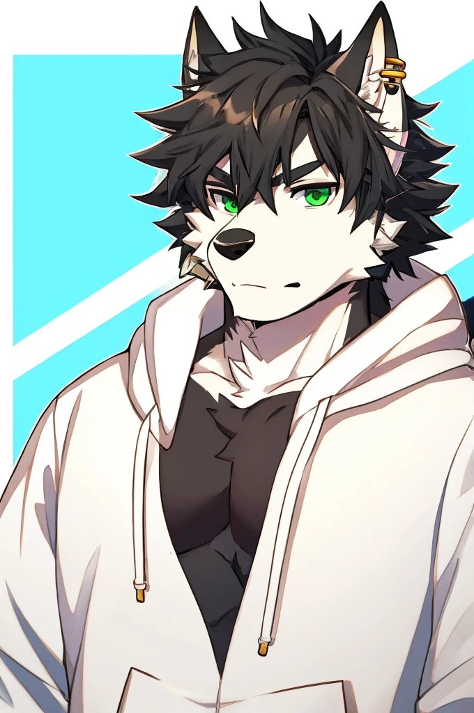 Wolf、Handsome、Messy Hair、Wearing a white hoodie、A tired face、Simple Background、Black Hair、Black Ear、Green Eyes、The whole body is visible、Looking this way、Earrings、Front view