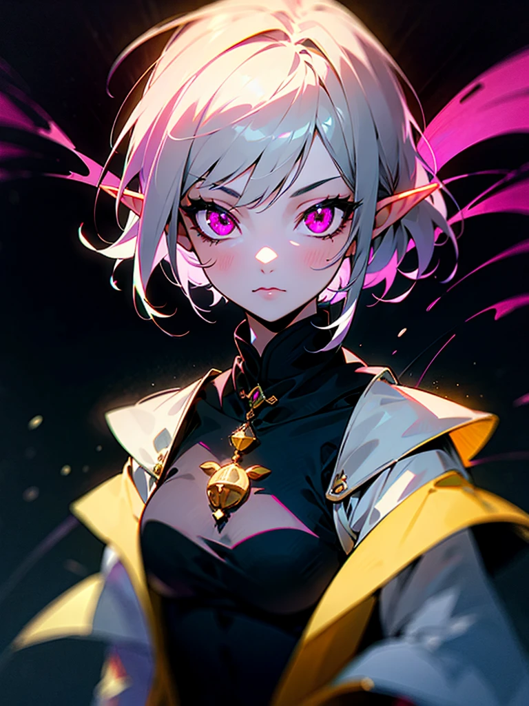 Elf Girl, Girl with Gray hair, pink eyes, neon eyes, shining eyes, standing, medieval dress looking at viewer, digital art, masterpiece, sharp, black background, close look, no background, portrait,