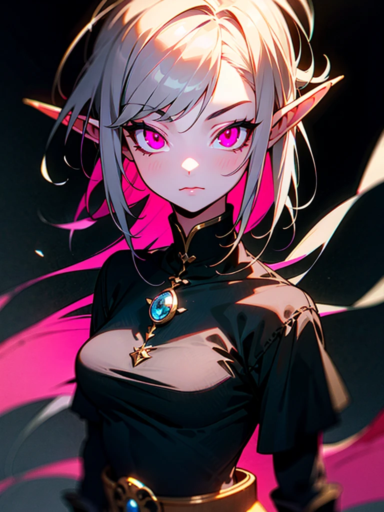 Elf Girl, Girl with Gray hair, pink eyes, neon eyes, shining eyes, standing, medieval dress looking at viewer, digital art, masterpiece, sharp, black background, close look, no background, portrait,