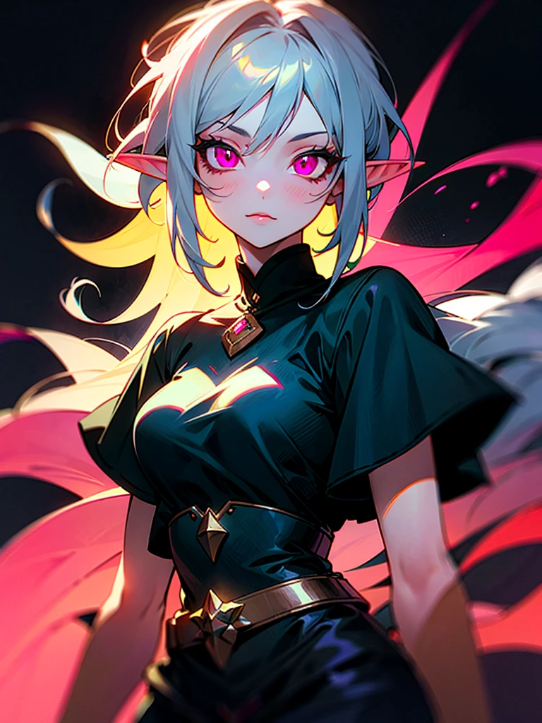 Elf Girl, Girl with Gray hair, pink eyes, neon eyes, shining eyes, standing, medieval dress looking at viewer, digital art, masterpiece, sharp, black background, close look, no background, portrait,