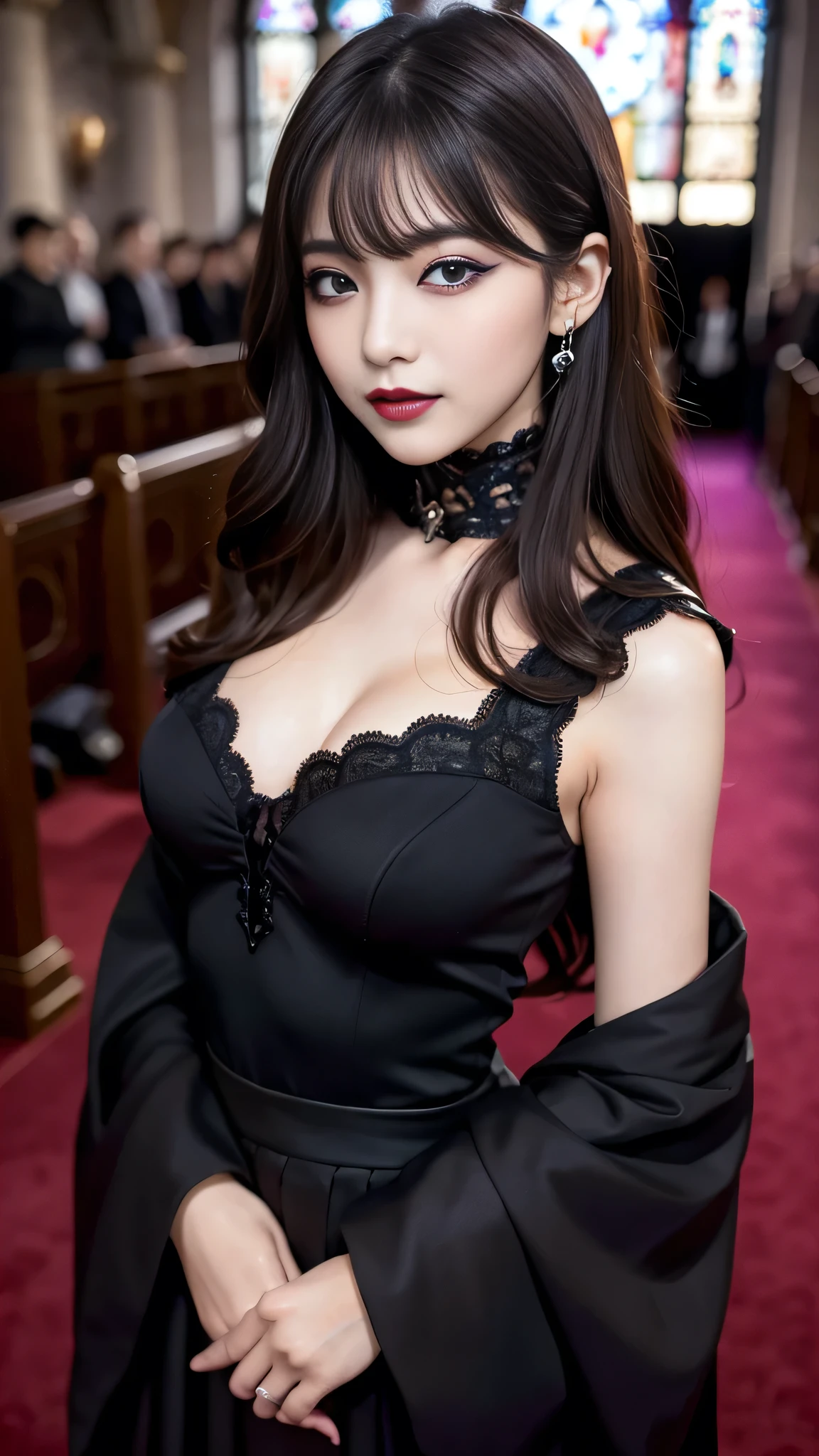 best quality、ultra-detailed、8k、Japanese、Japanese、Seductive beauty、seductive adult woman、Pretty Woman、cool girl、smirk、Wicked Smile、Villainess、brainwash makeup、Brainwashed、brainwash、Fallen into evil、Evil look、evil、Brown hair、wavy hair、swept bangs、dark makeup、piercing eyes、hollow eyes,half-closed eyes、Hollow Eyes、purple Eyeshadow、black lipstick、black lipglos、black elegant dress、wide sleeve、Black flared skirt、skin color pantyhose、stockings、night、inside church、Are standing、Look、Offer、shoot from below、Swear allegiance、I have pledged my allegiance、