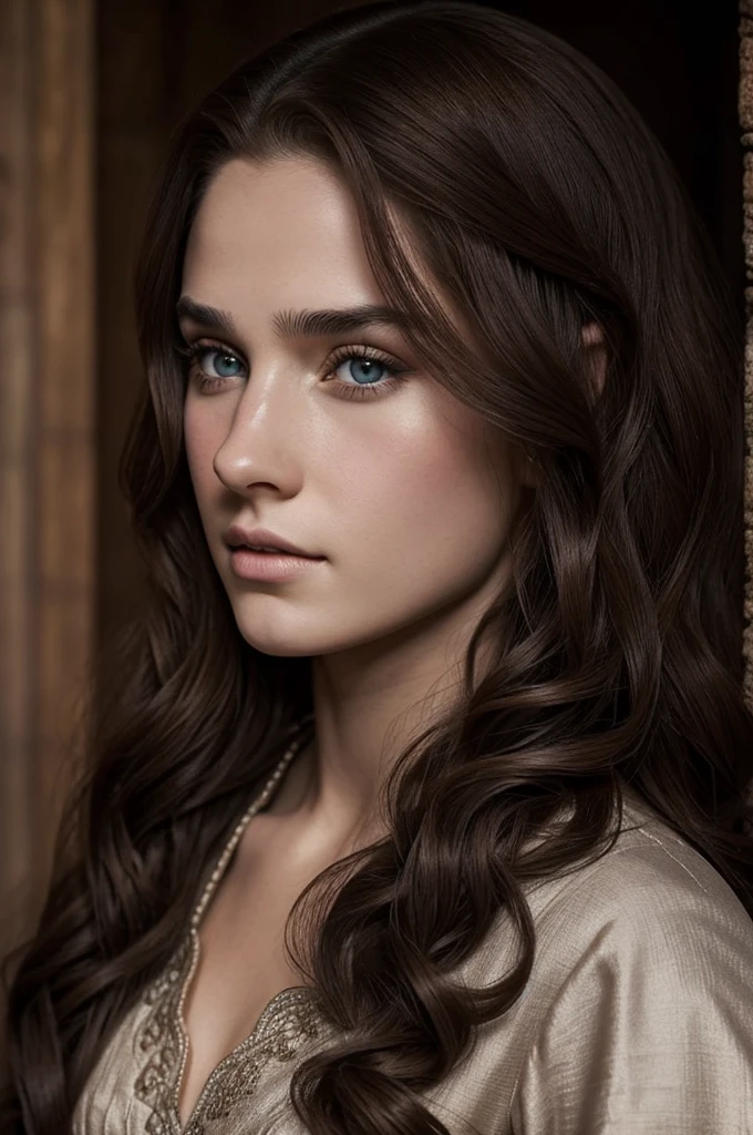 una princesa medieval, 19 years old with deep violet eyes, wavy brown hair, rostro Redondo y expresivo, follando con Aegon Targaryen, frente al espejo