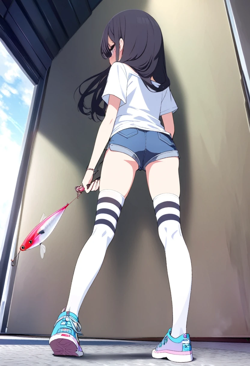  Black Hair, Long Hair, Cute Hips, lure, ,(Cotton shirt、hot pants、Striped thigh-high stockings、sneakers),Bend、BREAK Perfect Anatomy、highest quality、(cute:1.1)、(cute)、(High resolution:1.2)、Unbelievably absurd:1.3、Incredible illustrations、(cuteイラスト:1.2)、Beautiful background、(1 girl) 、solo)、(10th Generation、JK、、Small breasts:1.2)、slender、、、、Eye highlights、embarrassed、、full body、（from behind、from below）