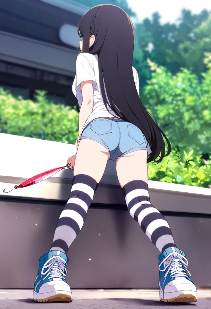  Black Hair, Long Hair, Cute Hips, lure, ,(Cotton shirt、hot pants、Striped thigh-high stockings、sneakers),Bend、BREAK Perfect Anatomy、highest quality、(cute:1.1)、(cute)、(High resolution:1.2)、Unbelievably absurd:1.3、Incredible illustrations、(cuteイラスト:1.2)、Beautiful background、(1 girl) 、solo)、(10th Generation、JK、、Small breasts:1.2)、slender、、、、Eye highlights、embarrassed、、full body、（from behind、from below）