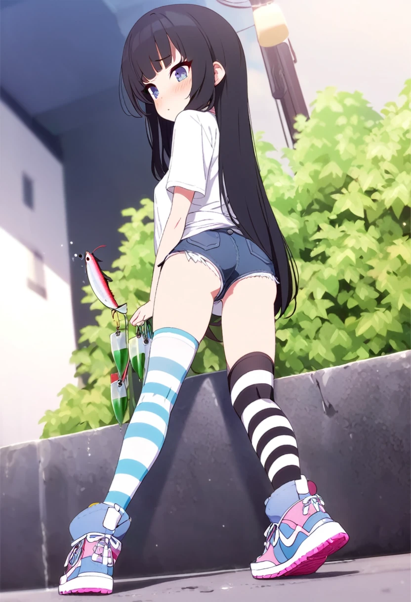 Black Hair, Long Hair, Cute Hips, lure, ,(Cotton shirt、hot pants、Striped thigh-high stockings、sneakers),Bend、BREAK Perfect Anatomy、highest quality、(cute:1.1)、(cute)、(High resolution:1.2)、Unbelievably absurd:1.3、Incredible illustrations、(cuteイラスト:1.2)、Beautiful background、(1 girl) 、solo)、(10th Generation、JK、、Small breasts:1.2)、slender、、、、Eye highlights、embarrassed、、full body、(from behind、from below)