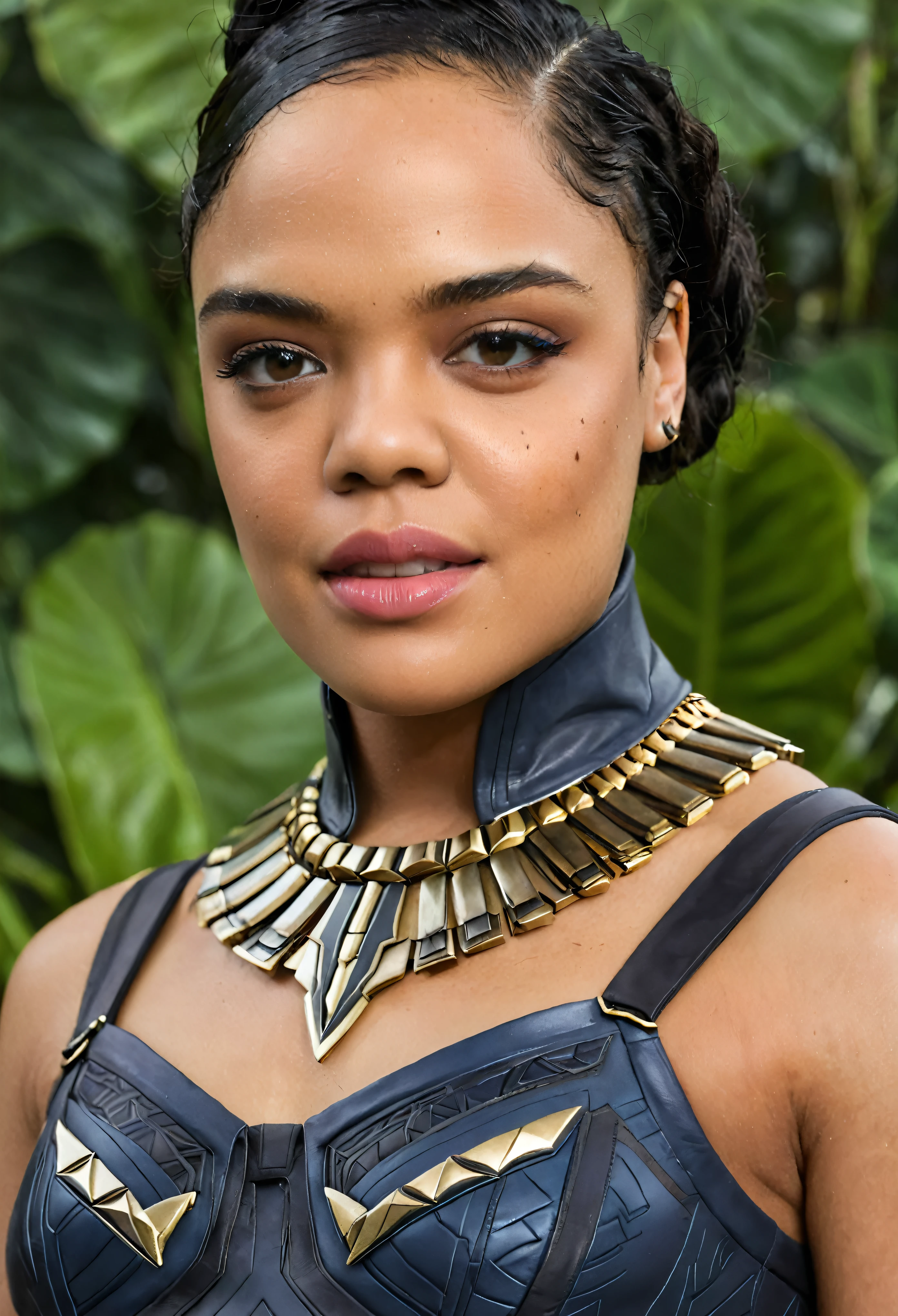 Extremely gorgeous woman Tessa Thompson AS A WAKANDAN WARRIOR, DETAILS, GOOD SKIN, highly detailed, skin pores, sharp focus, amazing details, 