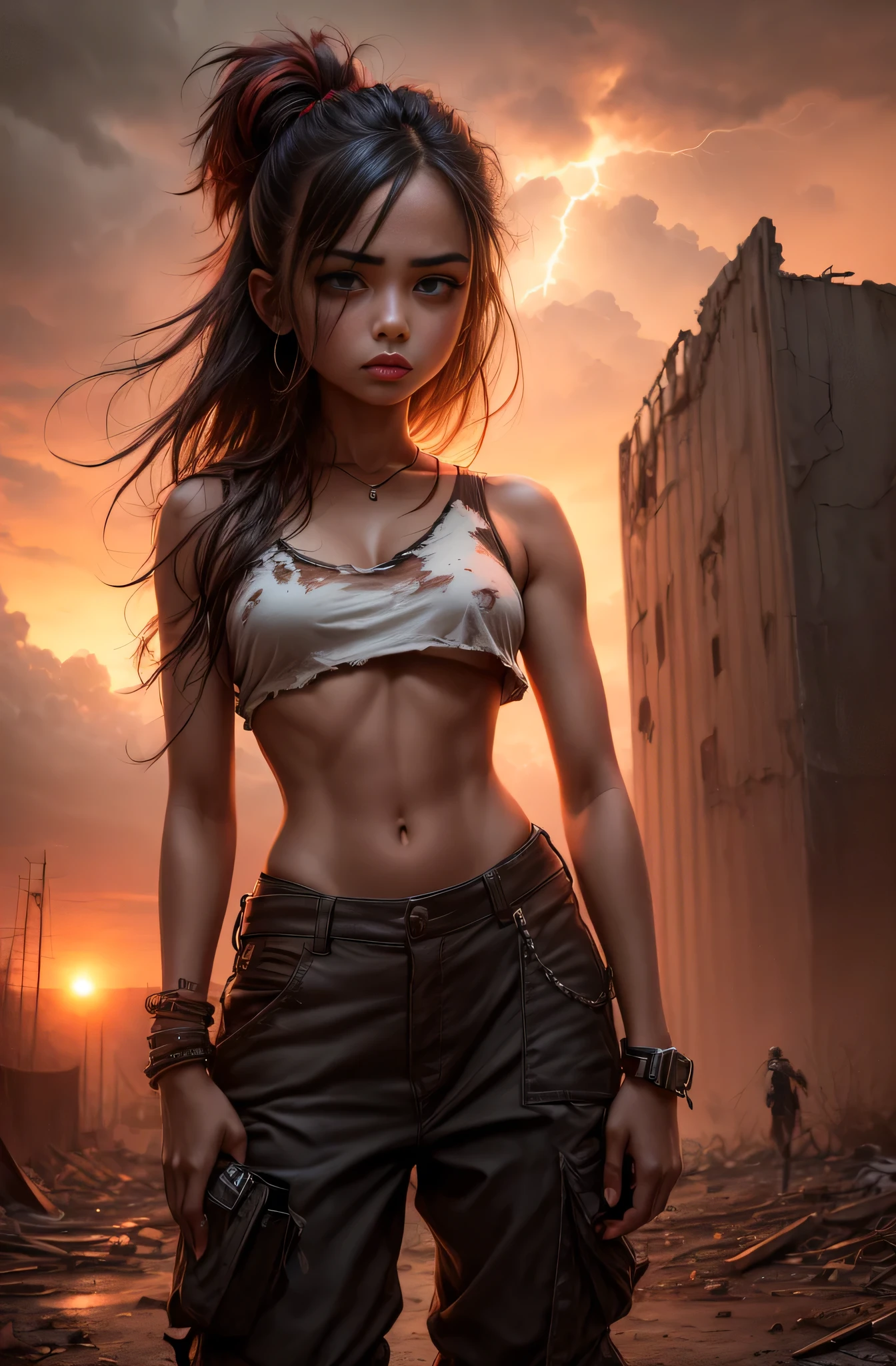 "Oil painting, focus on background
((resilient)) girl standing amidst nuclear wasteland ruins, delicate flowers emerging from the desolation, ominous clouds casting shadows,  fires, explosions, dust, lightning, red sunset, graduated sky colours, very large lens flare.
((haunting beauty)), post-apocalyptic masterpiece".
16 year old girl, short, rounded, tattered rags of clothes, short dark hair, desperate sad expression, ((white crop top, loose, torn, underboob)), ((low waist cargo pants, black, panties strap showing)), open jacket, realistic face, fierce, very small breasts.
low key lighting, moody, gritty, edgy.
dramatic pose, dramatic composition, low camera angle. from ground looking up, 