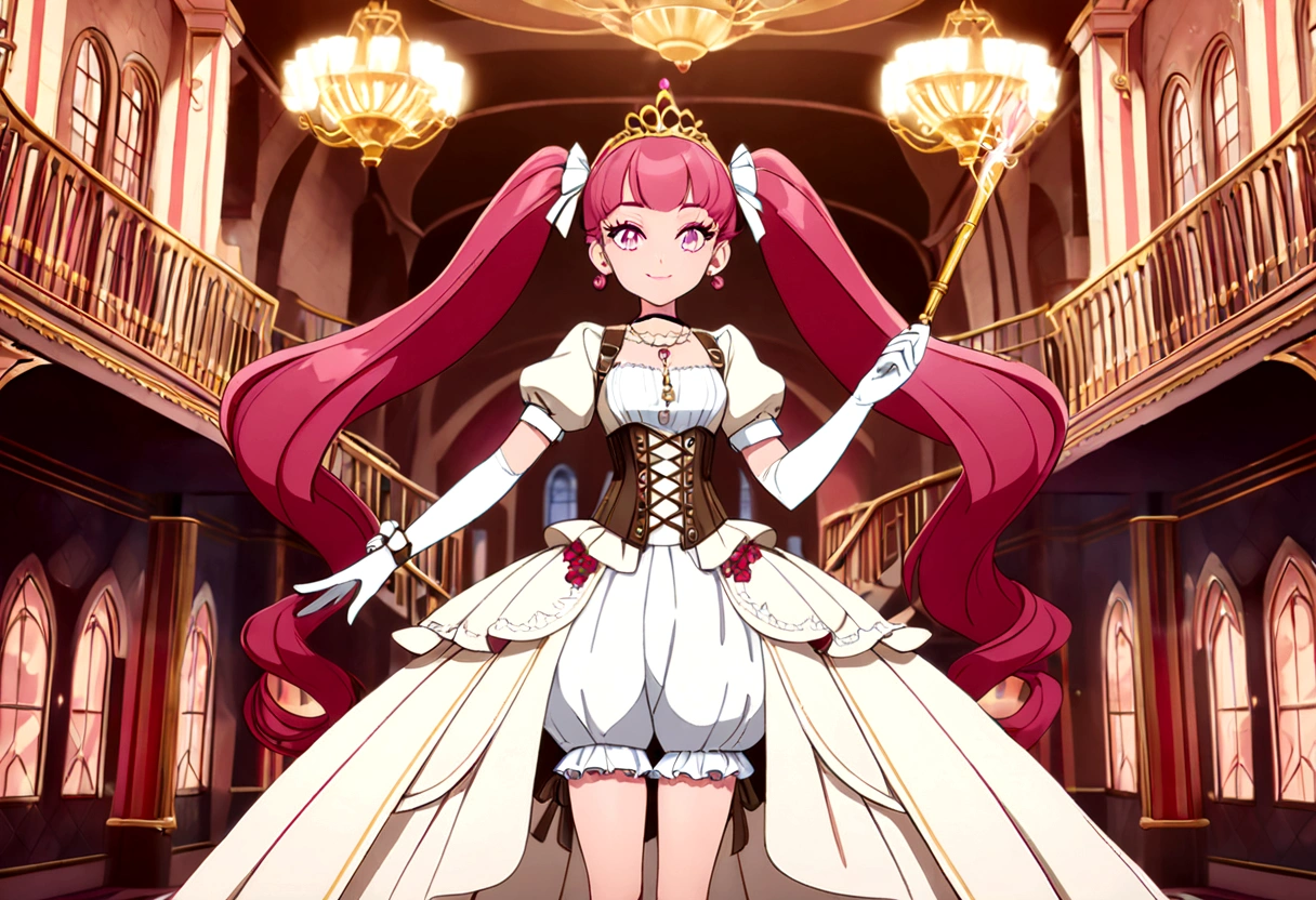 (best quality,4k,8k,highres,masterpiece:1.2),ultra-detailed, Pretty 15 years old princess, drawn in anime style, is cute and happy, long red pigtails hair, pink eyes, small breast, makeup and lipstick, steampunk, red and white ball gown with puffy sleeves, physically-based rendering,gorgeous frilly dress design,flowing gown,elaborate lace details,rich textures,contrast stitching,delicate ribbon bows,floral accents, daisy flowers embroidery, full skirt,short sleeves,fitted waistline,flared cuffs,lace-up back,luxurious fabrics,flawless silhouette, petticoat, bloomers, bustle, corset, hair ribbons, white elbow gloves, ruby earrings and necklace, gold tiara, high heels, holding a fire magic wand, standing in castle bedroom, highly detailed, 4K.