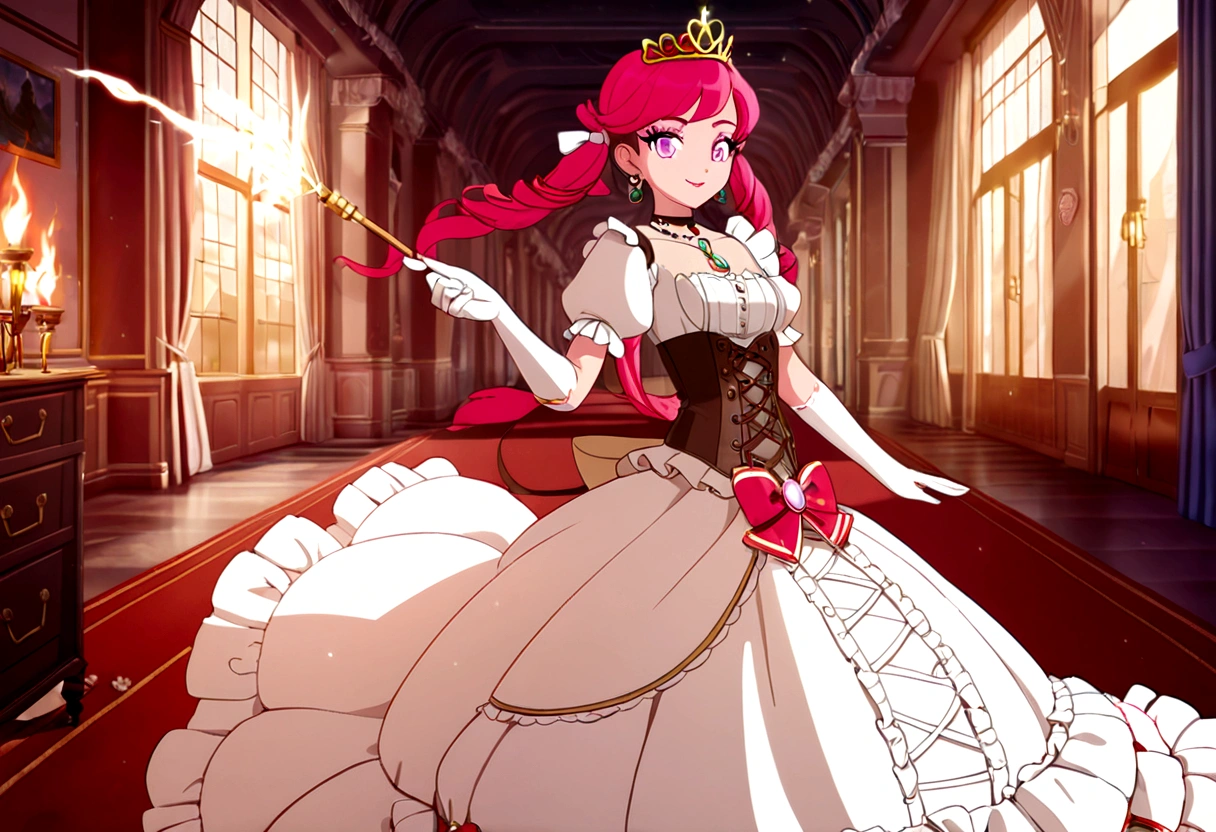 (best quality,4k,8k,highres,masterpiece:1.2),ultra-detailed, Pretty 15 years old princess, drawn in anime style, is cute and happy, long red pigtails hair, pink eyes, small breast, makeup and lipstick, steampunk, red and white ball gown with puffy sleeves, physically-based rendering,gorgeous frilly dress design,flowing gown,elaborate lace details,rich textures,contrast stitching,delicate ribbon bows,floral accents, daisy flowers embroidery, full skirt,short sleeves,fitted waistline,flared cuffs,lace-up back,luxurious fabrics,flawless silhouette, petticoat, bloomers, bustle, corset, hair ribbons, white elbow gloves, ruby earrings and necklace, gold tiara, high heels, holding a fire magic wand, standing in castle bedroom, highly detailed, 4K.