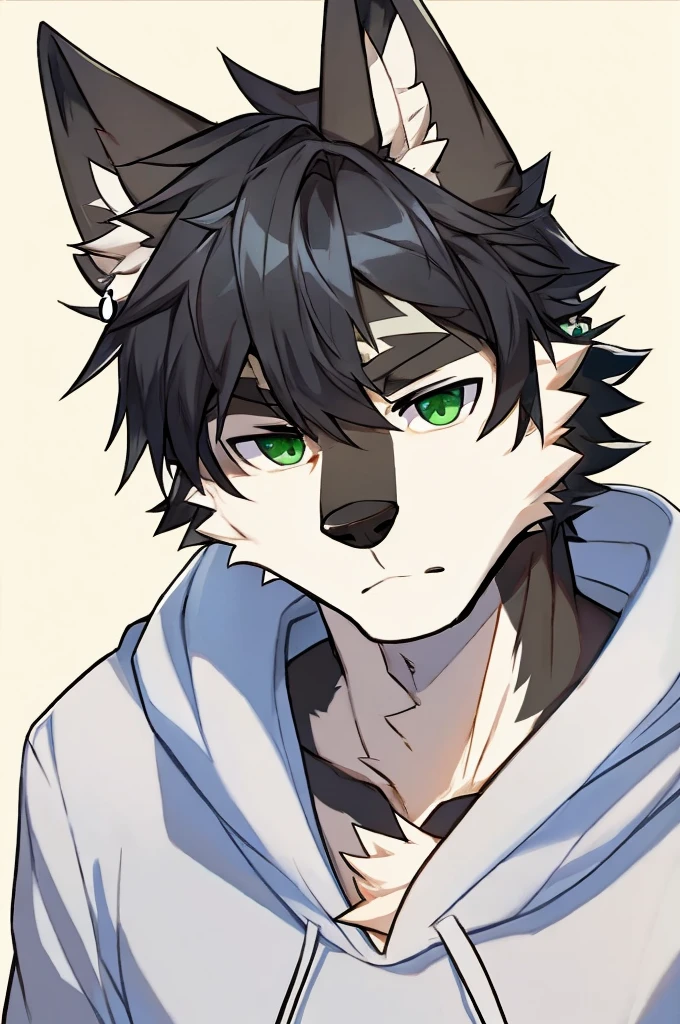 Wolf、Handsome、Messy Hair、Wearing a white hoodie、A tired face、Simple Background、Black Hair、Black Ear、Green Eyes、The whole body is visible、Looking this way、Earrings、Front view