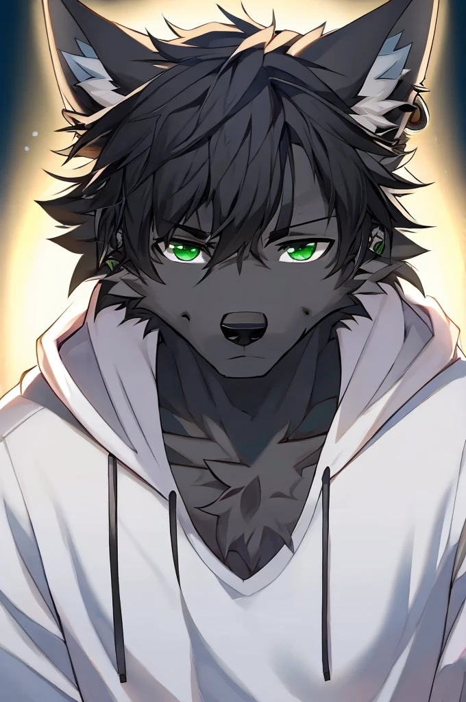 Wolf、Handsome、Messy Hair、Wearing a white hoodie、A tired face、Simple Background、Black Hair、Black Ear、Green Eyes、The whole body is visible、Looking this way、Earrings、Front view