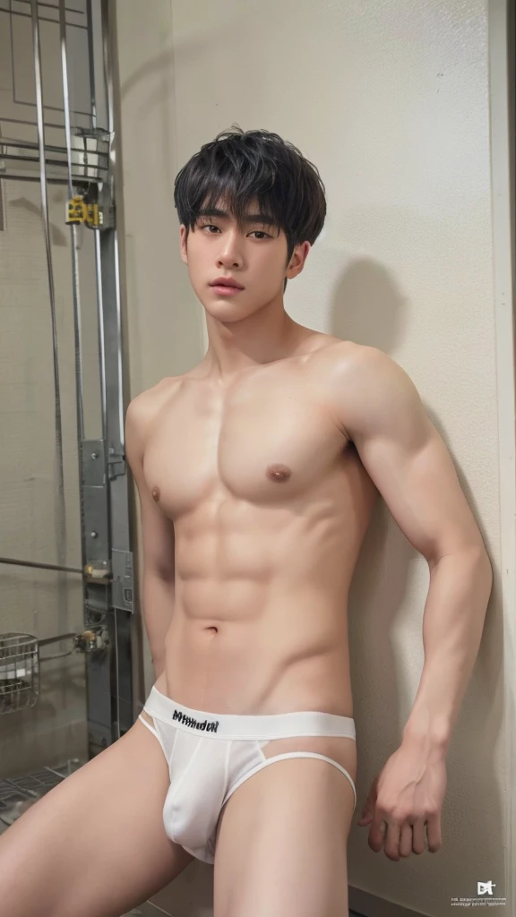 A man with realistic tied hair, handsome, strong, Muscly, Husky, Fit, realistic short bangs, exactly the same hairstyle, realistic Korean handsome face, realistic sharp eyes, realistic cool expression, topless, shirtless, white jockstrap, white briefs, sit prison