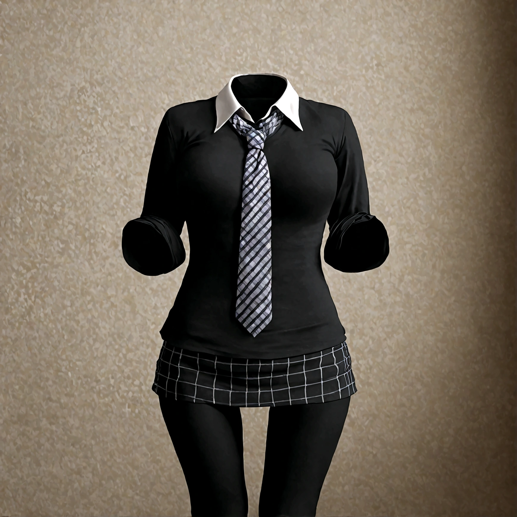 school blouse, plaid skirt, stripe tie on neck, black leggings, cute big breasts, (invisible, no human, headless, handless:1.5), (8k, RAW photo, best quality, masterpiece:1.2), (realistic, photo-realistic:1.37), photon mapping, radiosity, ((Hasselblad photography)), physically-based rendering
