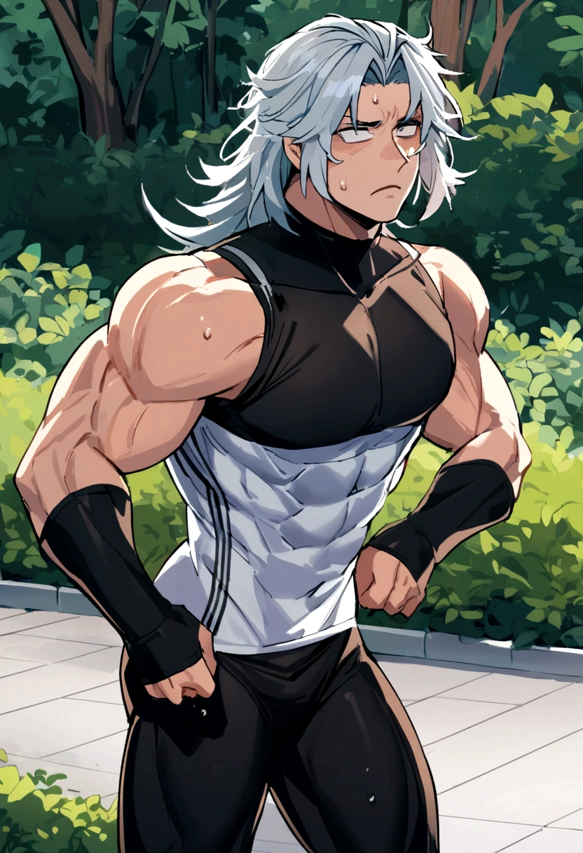 28 year old man, tall and muscular, cabello liso despeinado negro, cicatriz en el labio inferior, small and tired eyes, cold and serious expression, in sports clothes exercising in the garden
