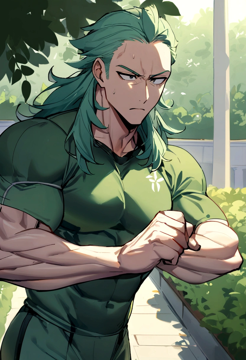 28 year old man, tall and muscular, cabello liso despeinado negro, cicatriz en el labio inferior, small and tired eyes, cold and serious expression, in sports clothes exercising in the garden