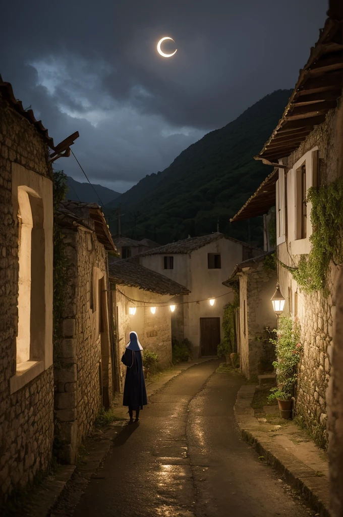 Um ladino, capuz levantado, roupas pretas, duas espadas curtas, um arco e flecha nas costas, a gloomy village at night as a background