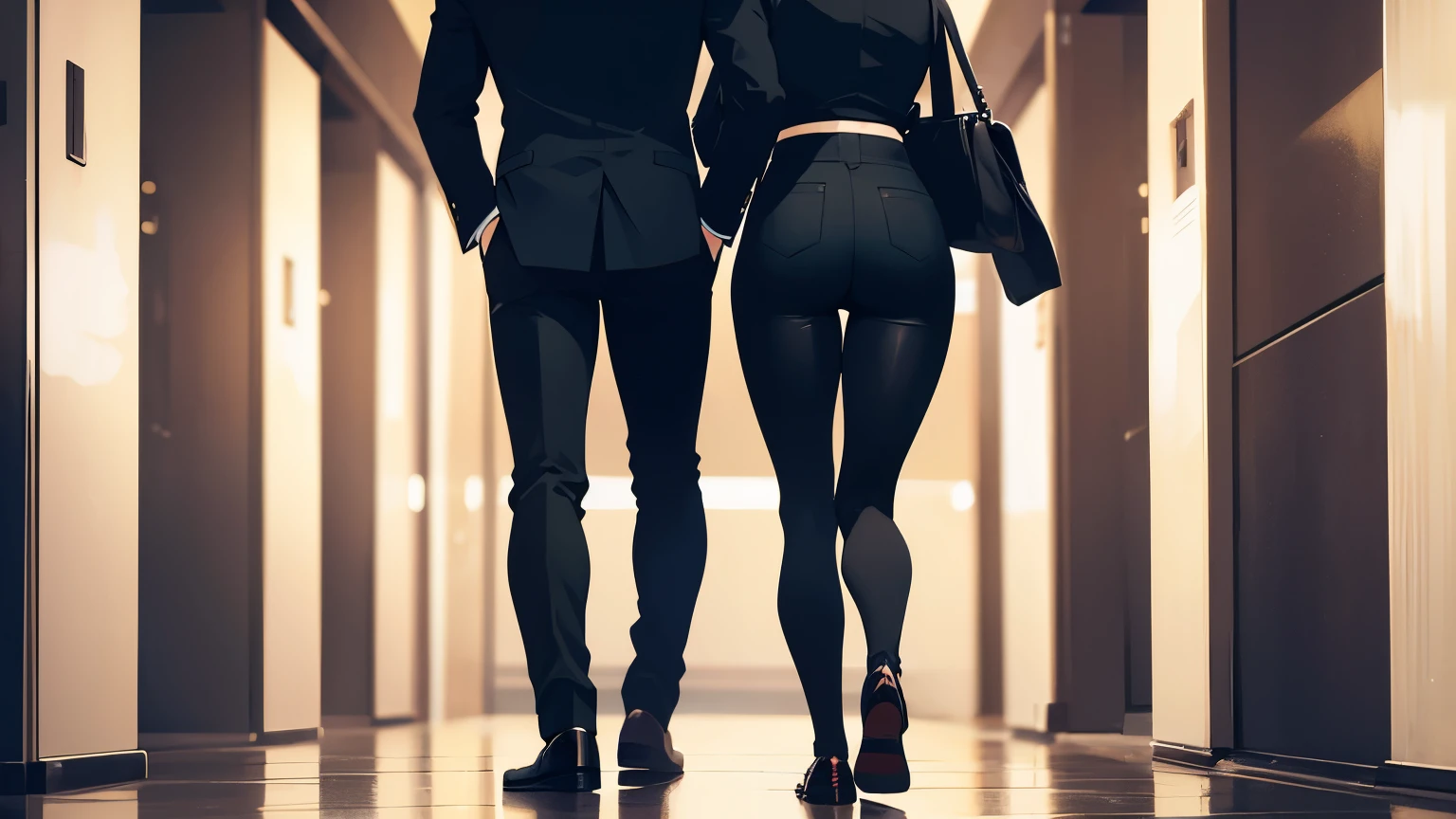 Men and women, black hair, short hair, Both of them walked backwards., Background in the middle of the night, Focus on both
