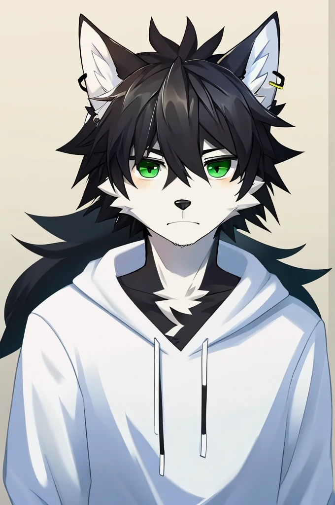 Wolf、Handsome、Messy Hair、Wearing a white hoodie、A tired face、Simple Background、Black Hair、Black Ear、Green Eyes、The whole body is visible、Looking this way、Earrings、Front view