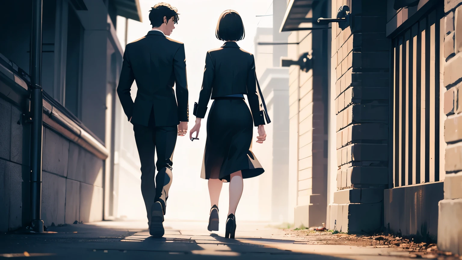 Men and women, black hair, short hair, Both of them walked backwards., Background in the middle of the night, Focus on both