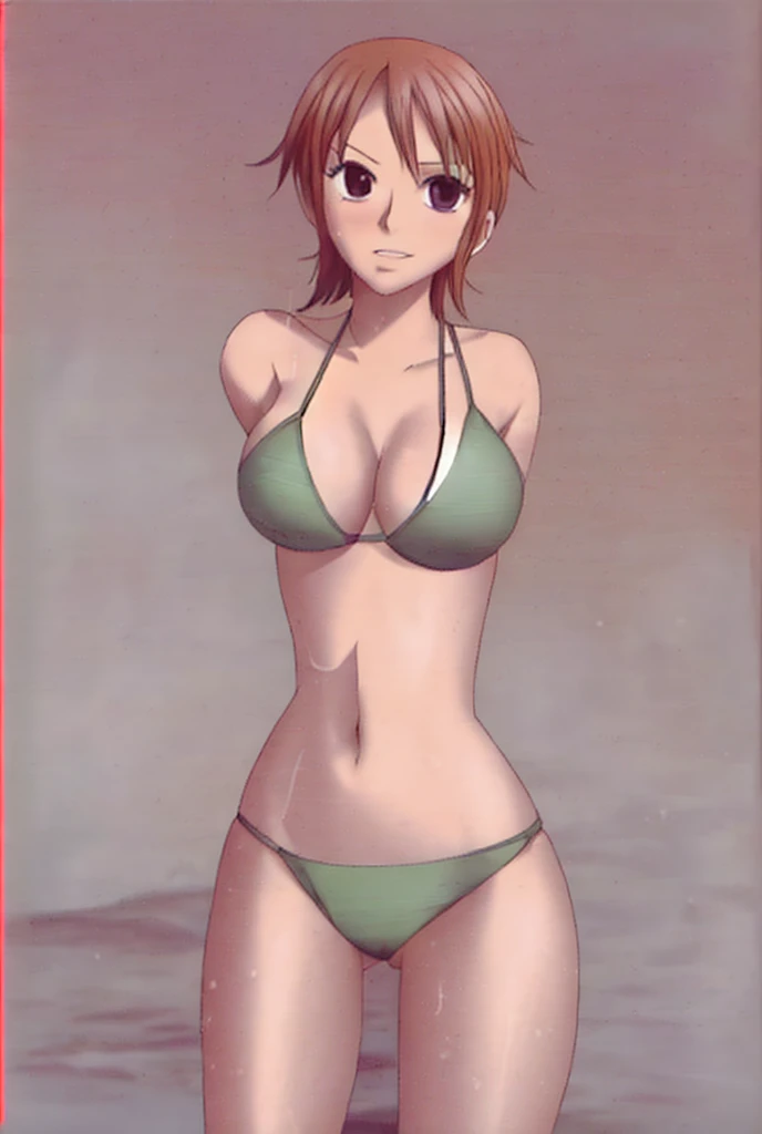 Nami, with her big breasts and beautiful legs, is standing in a bikini with her legs spread to the sides and her mouth open.。