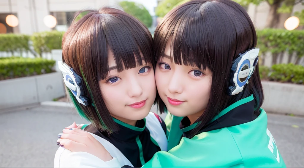 two beautiful young women hugging each other in a studio shot stock photo, two girls, two beautiful women in love, woman holding another woman, beautiful gemini twins portrait, lesbian embrace, cute girls, lesbians, two women, two models in the frame, portrait of women embracing, beautiful gemini twins, young girls, 2girl, twin, hug each other, two same girl, selfcest, twins, izu, izu_uniform, humagear, humagear_headset, headphone, realistic, skirt, jacket, solo, sitting, best quality, photorealistic, masterpiece, 8k, high res, solo, (((woman))), (very breast), ((looking at the viewer with face)), (looking at the camera:1), (short hair), bob hair, (professional lighting, bokeh),top angle view, extremely detailed face, fashionable and trendy atmosphere, japan, street, tokyo, factory, ((daytime)), (portrait:0.6), seductive and smile, gorgeous, floating hair, (light particles, lens flare, glowing particles:0.6), (dynamic pose:1.2), soft lighting, black hair, full body, smile, camera, blue eye, pantyhose, black nail
