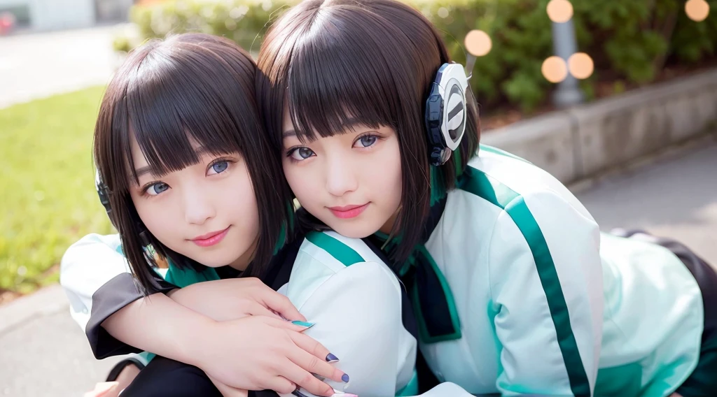 two beautiful young women hugging each other in a studio shot stock photo, two girls, two beautiful women in love, woman holding another woman, beautiful gemini twins portrait, lesbian embrace, cute girls, lesbians, two women, two models in the frame, portrait of women embracing, beautiful gemini twins, young girls, 2girl, twin, hug each other, two same girl, selfcest, twins, izu, izu_uniform, humagear, humagear_headset, headphone, realistic, skirt, jacket, solo, sitting, best quality, photorealistic, masterpiece, 8k, high res, solo, (((woman))), (very breast), ((looking at the viewer with face)), (looking at the camera:1), (short hair), bob hair, (professional lighting, bokeh),top angle view, extremely detailed face, fashionable and trendy atmosphere, japan, street, tokyo, factory, ((daytime)), (portrait:0.6), seductive and smile, gorgeous, floating hair, (light particles, lens flare, glowing particles:0.6), (dynamic pose:1.2), soft lighting, black hair, full body, smile, camera, blue eye, pantyhose, black nail