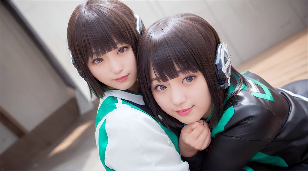 two beautiful young women hugging each other in a studio shot stock photo, two girls, two beautiful women in love, woman holding another woman, beautiful gemini twins portrait, lesbian embrace, cute girls, lesbians, two women, two models in the frame, portrait of women embracing, beautiful gemini twins, young girls, 2girl, twin, hug each other, two same girl, selfcest, twins, izu, izu_uniform, humagear, humagear_headset, headphone, realistic, skirt, jacket, solo, sitting, best quality, photorealistic, masterpiece, 8k, high res, solo, (((woman))), (very breast), ((looking at the viewer with face)), (looking at the camera:1), (short hair), bob hair, (professional lighting, bokeh),top angle view, extremely detailed face, fashionable and trendy atmosphere, japan, street, tokyo, factory, ((daytime)), (portrait:0.6), seductive and smile, gorgeous, floating hair, (light particles, lens flare, glowing particles:0.6), (dynamic pose:1.2), soft lighting, black hair, full body, smile, camera, blue eye, pantyhose, black nail