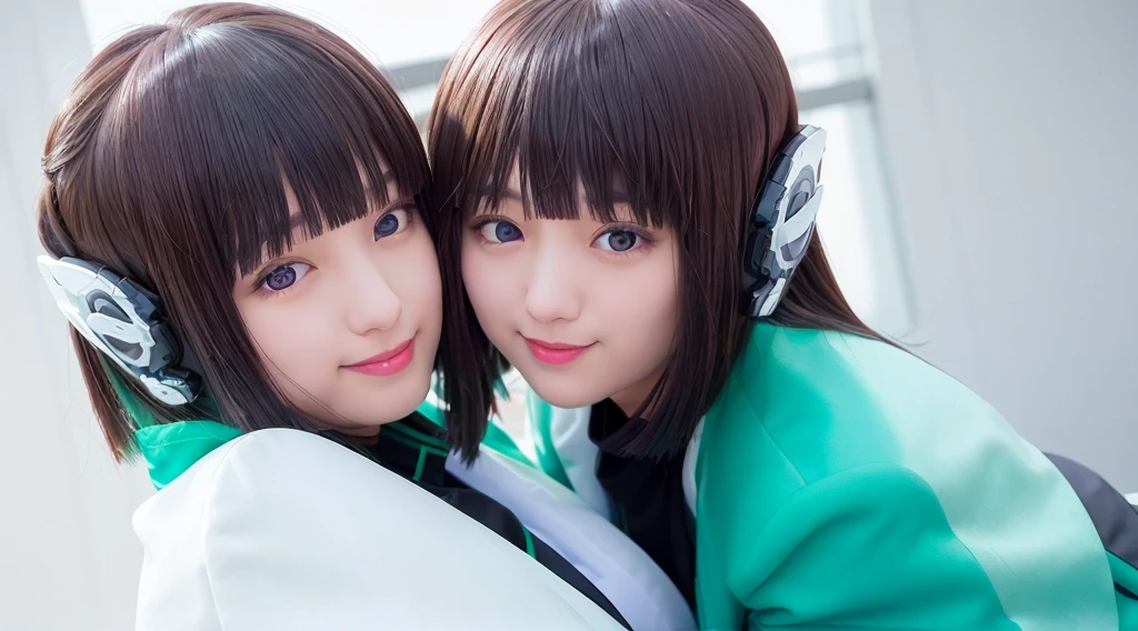 two beautiful young women hugging each other in a studio shot stock photo, two girls, two beautiful women in love, woman holding another woman, beautiful gemini twins portrait, lesbian embrace, cute girls, lesbians, two women, two models in the frame, portrait of women embracing, beautiful gemini twins, young girls, 2girl, twin, hug each other, two same girl, selfcest, twins, izu, izu_uniform, humagear, humagear_headset, headphone, realistic, skirt, jacket, solo, sitting, best quality, photorealistic, masterpiece, 8k, high res, solo, (((woman))), (very breast), ((looking at the viewer with face)), (looking at the camera:1), (short hair), bob hair, (professional lighting, bokeh),top angle view, extremely detailed face, fashionable and trendy atmosphere, japan, street, tokyo, factory, ((daytime)), (portrait:0.6), seductive and smile, gorgeous, floating hair, (light particles, lens flare, glowing particles:0.6), (dynamic pose:1.2), soft lighting, black hair, full body, smile, camera, blue eye, pantyhose, black nail