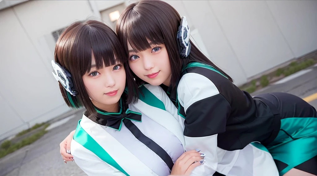 two beautiful young women hugging each other in a studio shot stock photo, two girls, two beautiful women in love, woman holding another woman, beautiful gemini twins portrait, lesbian embrace, cute girls, lesbians, two women, two models in the frame, portrait of women embracing, beautiful gemini twins, young girls, 2girl, twin, hug each other, two same girl, selfcest, twins, izu, izu_uniform, humagear, humagear_headset, headphone, realistic, skirt, jacket, solo, sitting, best quality, photorealistic, masterpiece, 8k, high res, solo, (((woman))), (very breast), ((looking at the viewer with face)), (looking at the camera:1), (short hair), bob hair, (professional lighting, bokeh),top angle view, extremely detailed face, fashionable and trendy atmosphere, japan, street, tokyo, factory, ((daytime)), (portrait:0.6), seductive and smile, gorgeous, floating hair, (light particles, lens flare, glowing particles:0.6), (dynamic pose:1.2), soft lighting, black hair, full body, smile, camera, blue eye, pantyhose, black nail