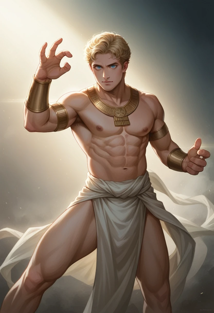Photorealistic, cameron crovetti look-alike, 10 year old, ancient greece clothing, neutral background, blue eyes, blonde, short hair, boy, son of Zeus, cinematic lighting, unreal engine 5, cinematic color grading, 32k, super resolution, global illumination, photoshoot, dynamic pose, centered, photography