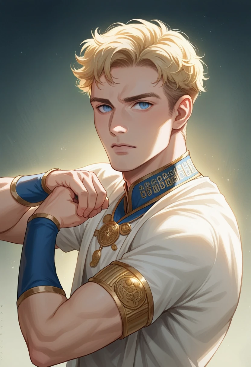 Photorealistic, cameron crovetti look-alike, 10 year old, ancient greece clothing, neutral background, blue eyes, blonde, short hair, boy, son of Zeus, cinematic lighting, unreal engine 5, cinematic color grading, 32k, super resolution, global illumination, photoshoot, dynamic pose, centered, photography