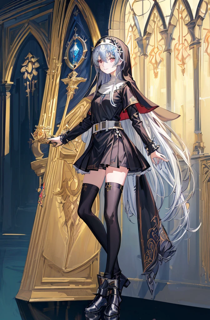 [(cathedral background:1.4)::5],Original,(Illustration:1.1),(Best Quality),(masutepiece:1.1),(the Extremely Detailed CG Unity 8K Wallpapers:1.1), (Colorful:0.9),(mid-shot:0.95),(Full body:1.5),Dynamic Angle,(Solo:1.2), (girl),(((Adult))), (Detailed beautiful eyes:1.15), (Beautiful face:1.15), (Glowing black eyes:1.25////),(Blue Long Hair),(nun headdress),(+perfect hand+:1.21),(Draw an illustration of a Holy Knight Wizard),(Religious),(slender),(she has boots on her feet),((I'm wearing black knee-high socks)),Smile,(Ruffled miniskirt with metal embellishments),beautiful slender adult,((theater background)),