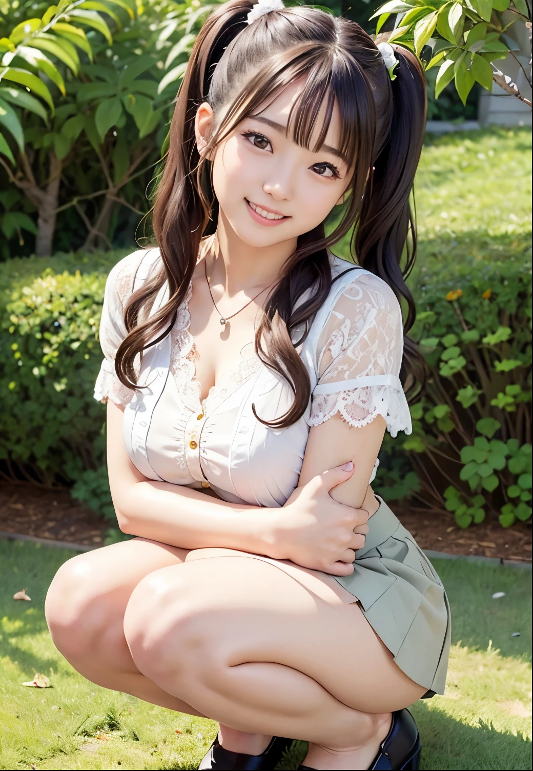 (highest quality,masterpiece:1.3,Ultra-high resolution),(Very detailed、Caustics) (Realistic:1.4, RAW shooting、)Ultra-Realistic Capture、Very detailed、Natural skin texture、masterpiece、(Japanese girl wearing a lace blouse and pleated skirt:1.3)、Adorable expression、Expressions of happiness、14 years old、height: 148cm、Young Face、Amazingly cute、Twin tail hairstyle、Curly Hair、Scrunchie、necklace、Black Hair、light makeup、Larger breasts、Shining thighs、Shining ass、Private garden photoshoot、Squatting on the grass、Background details、smile、An inviting gaze、Anatomically correct、Cowboy Shot、Attention to detail、Sexy and cute pose