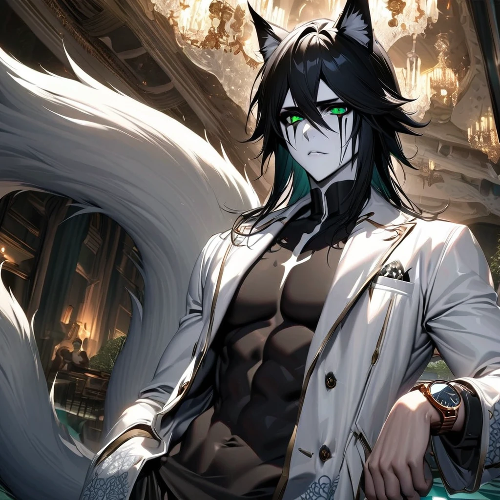 absurd, high definition, ultra detailed, HDR, masterpiece, extremely detailed face and eyes, perfect face, Ulquiorra Cifer, black hair, hair between eyes, expressive green eyes, pale skin, cat ears, big bushy tail, Bleach, solo, sexy man , handsome, white coat, tight black shirt, patterns, in wonderland, watch