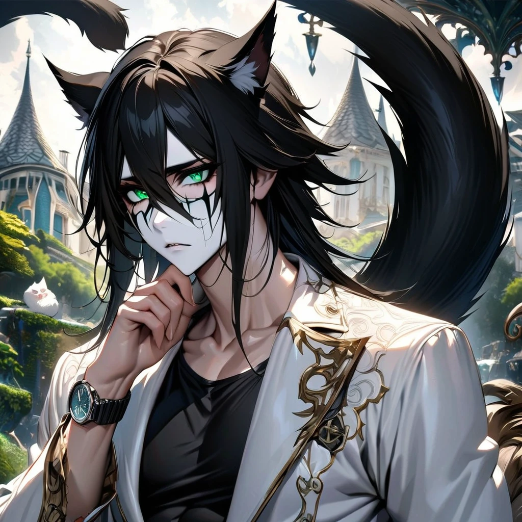 absurd, high definition, ultra detailed, HDR, masterpiece, extremely detailed face and eyes, perfect face, Ulquiorra Cifer, black hair, hair between eyes, expressive green eyes, pale skin, cat ears, big bushy tail, Bleach, solo, sexy man , handsome, white coat, tight black shirt, patterns, in wonderland, watch