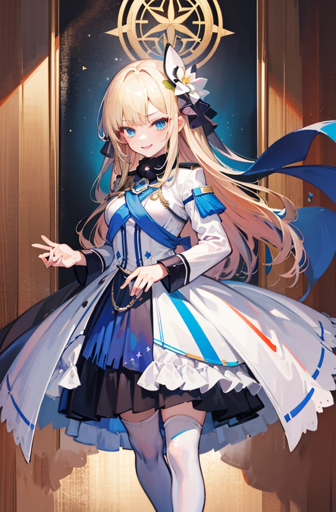 (Standing painting: 1.2) + (1girl:1.5)+ golden hair + princess cut + white knight uniform + detailed eyes and nose + deep blue eyes +  white battle uniform + domineering, masterpiece, best quality,evil smile,holy,((the wood background)),adult,