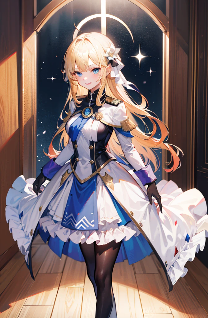 (Standing painting: 1.2) + (1girl:1.5)+ golden hair + princess cut + white knight uniform + detailed eyes and nose + deep blue eyes +  white battle uniform + domineering, masterpiece, best quality,evil smile,holy,((the wood background)),adult,