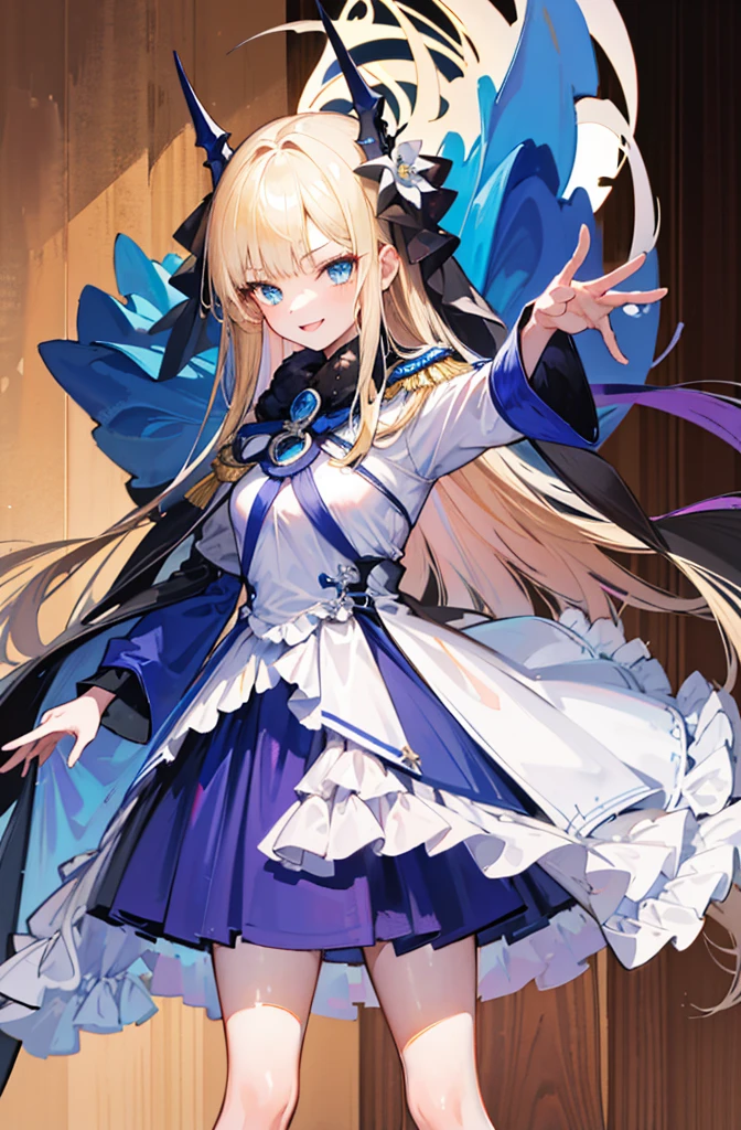 (Standing painting: 1.2) + (1girl:1.5)+ golden hair + princess cut + white knight uniform + detailed eyes and nose + deep blue eyes +  white battle uniform + domineering, masterpiece, best quality,evil smile,holy,((the wood background)),adult,