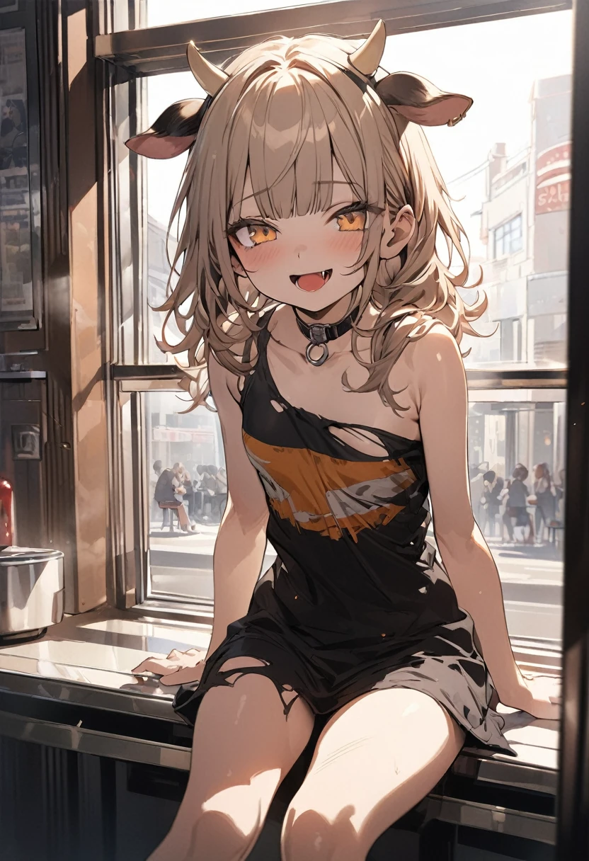 ((Masterpiece)), ((best quality)), (Anime:1.4), (super detail:1.2), (High Definition:1.3), (Professional Photography:1.3), (wide shot), (sharp focus), (perfect light), ((12 years old)), 1girl, ((wearing Ripped grunge fashion)), cinematic lighting, Textured skin, messy hair, (loose blunt bangs), teenage girl, (Healthy slim body), small breasts, cute eyes, ((naughty face)), (open mouth), (put on cow ears), pale brown hair, Cute Beautiful girl, Thin accessories, exposed bare neck, Sitting by the diner window, indoor, (on the diner),