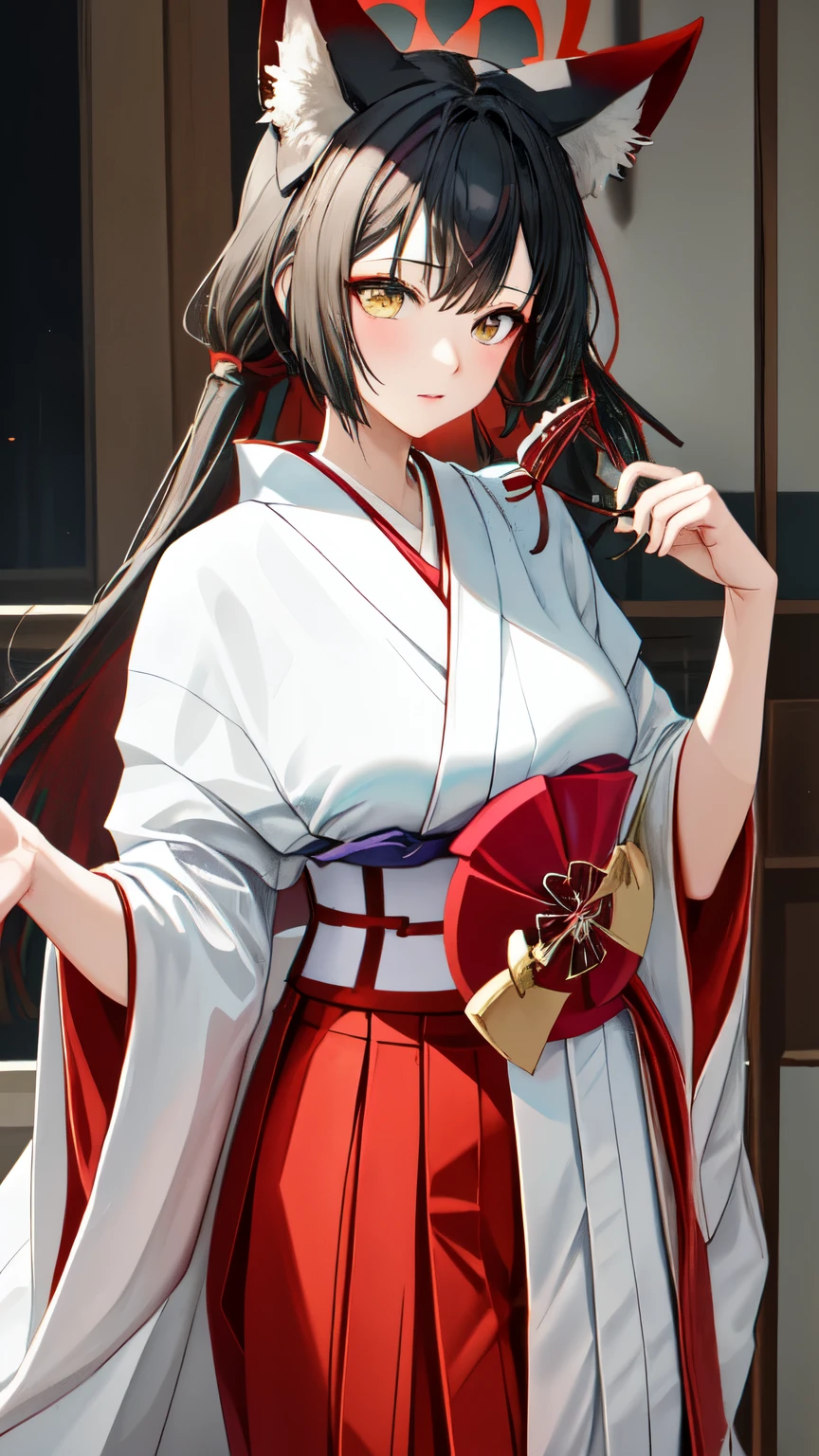 best quality, masterpiece, highres, solo, (wakamo_bluearchive:1.10), (white kimono:1.35), (red hakama:1.35), (wide sleeves:1.20), 23 