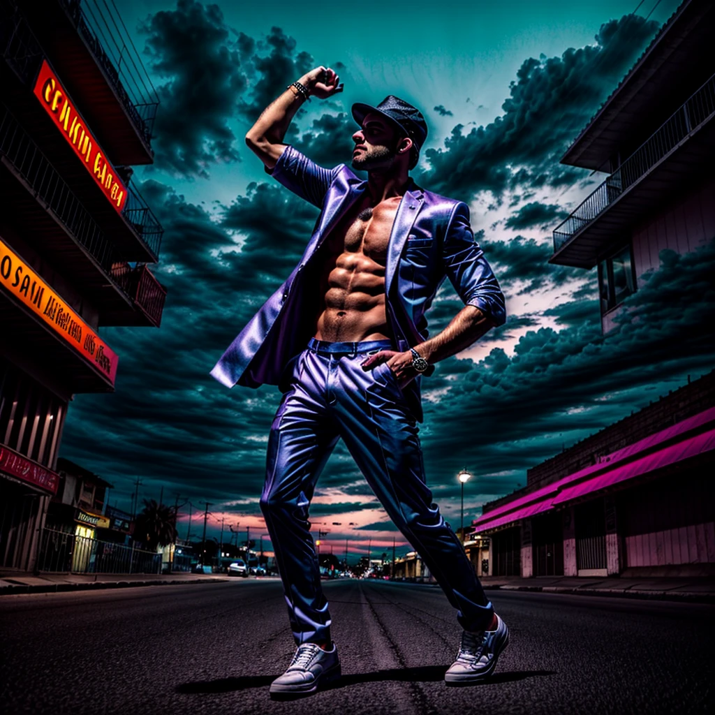 Una imagen de stock de un hombre elegante en una calle.. la calle es muy lujosa, The sky is dramatic and neon colored.. tiro de cuerpo completo