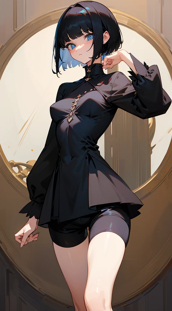 ((Best Quality)), ((Masterpiece)), (Detailed), Girl with short black hair, with straight bangs, blue eyes, the pupils of his eyes look at you strongly, tall and slender, very beautiful and feminine features, with loose black clothing, wearing shorts with long black stockings, short hair, nice breasts