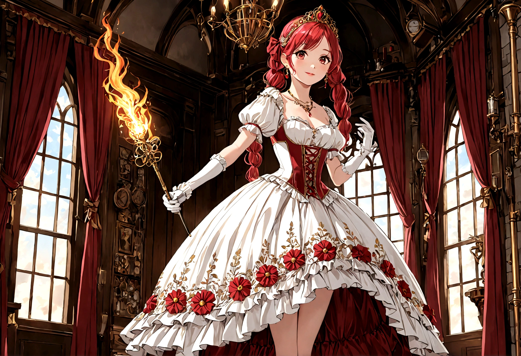 (best quality,4k,8k,highres,masterpiece:1.2),ultra-detailed, Pretty  princess, drawn in anime style, is cute and happy, long red pigtails hair, pink eyes, small breast, makeup and lipstick, steampunk, red and white ball gown with puffy sleeves, physically-based rendering,gorgeous frilly dress design,flowing gown,elaborate lace details,rich textures,contrast stitching,delicate ribbon bows,floral accents, daisy flowers embroidery, full skirt,short sleeves,fitted waistline,flared cuffs,lace-up back,luxurious fabrics,flawless silhouette, petticoat, bloomers, bustle, corset, hair ribbons, white elbow gloves, ruby earrings and necklace, gold tiara, high heels, holding a fire magic wand, standing in castle bedroom, highly detailed, 4K.